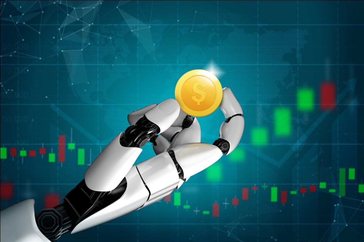 Robot arm holding gold coin with stock market in background