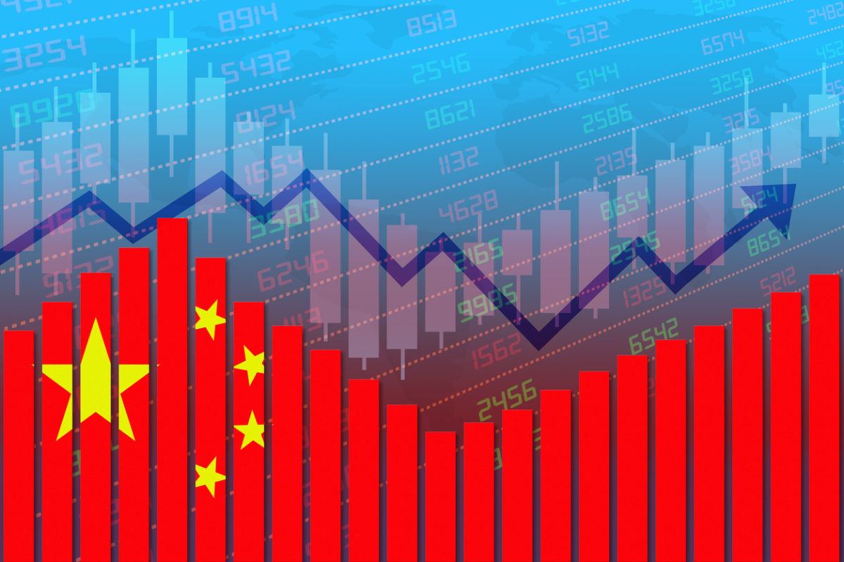 Photo of stock market imagery and a Chinese flag