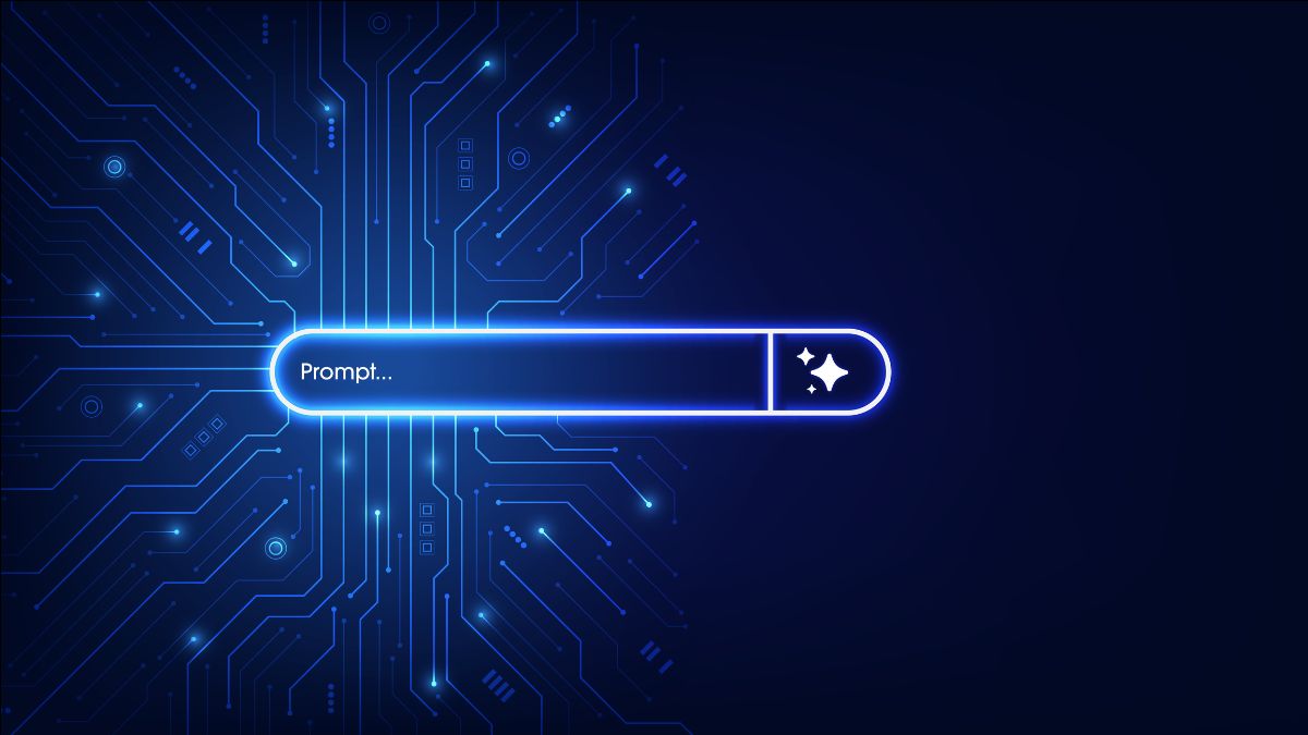A glowing AI prompt input bar centered on a dark blue circuit board background, symbolizing the future power of AI
