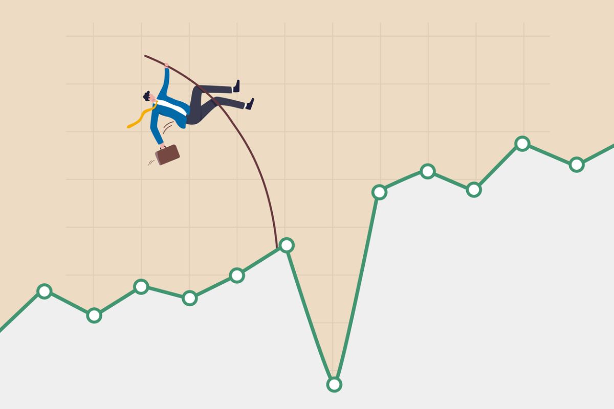 Illustration of a businessman falling from a rising stock market chart, symbolizing sudden market volatility, profit-taking risks, and the dangers of overconfidence during market uptrends.