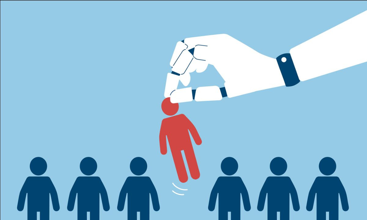 An image of robotic hand plucking out a cartoon image of a person from a line of figures, symbolizing AI's ability to replace humans in the workforce 
