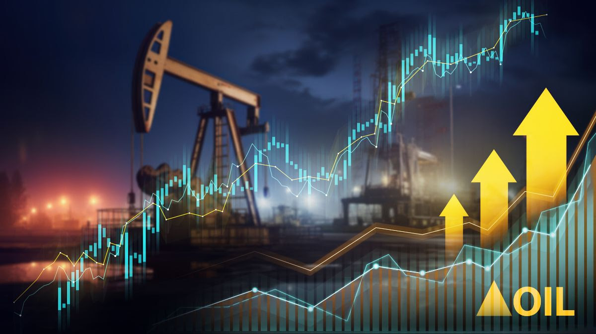 An increasing stock market chart over a picture of an oil rig, symbolizing surges in energy and oil prices 