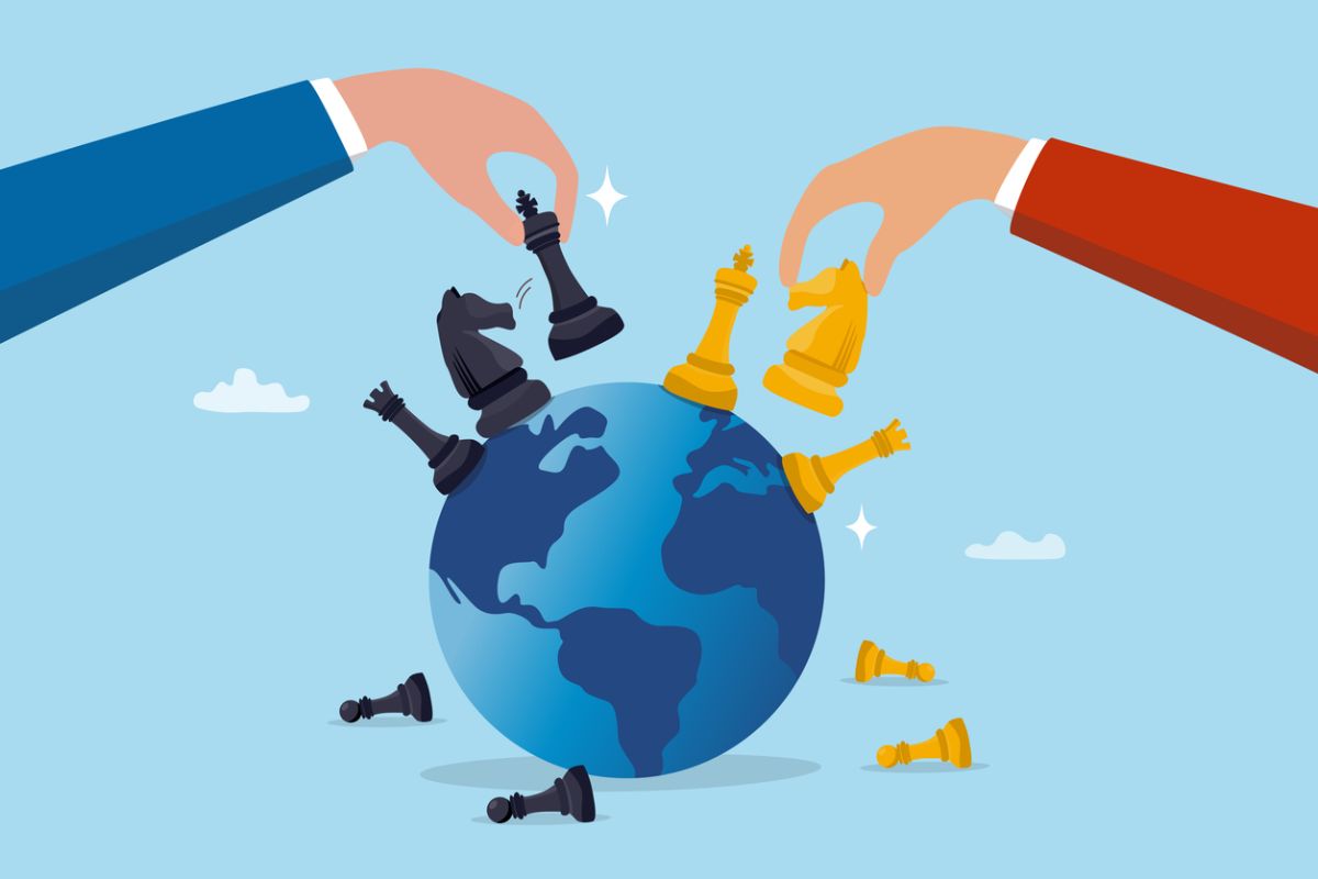 Illustration of hands moving chess pieces around a globe symbolizing geopolitical strategy, global capital flows, and international equities outperforming U.S. markets.