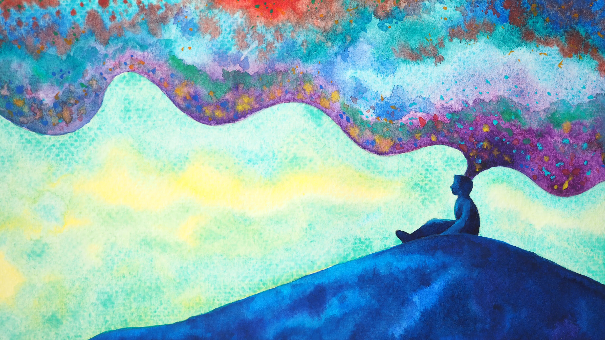 A watercolor painting of a blue-silhouetted figure sitting on a hill as colorful clouds pour from his head, symbolizing symbolizing the transformative power of aligning personal values with purpose 