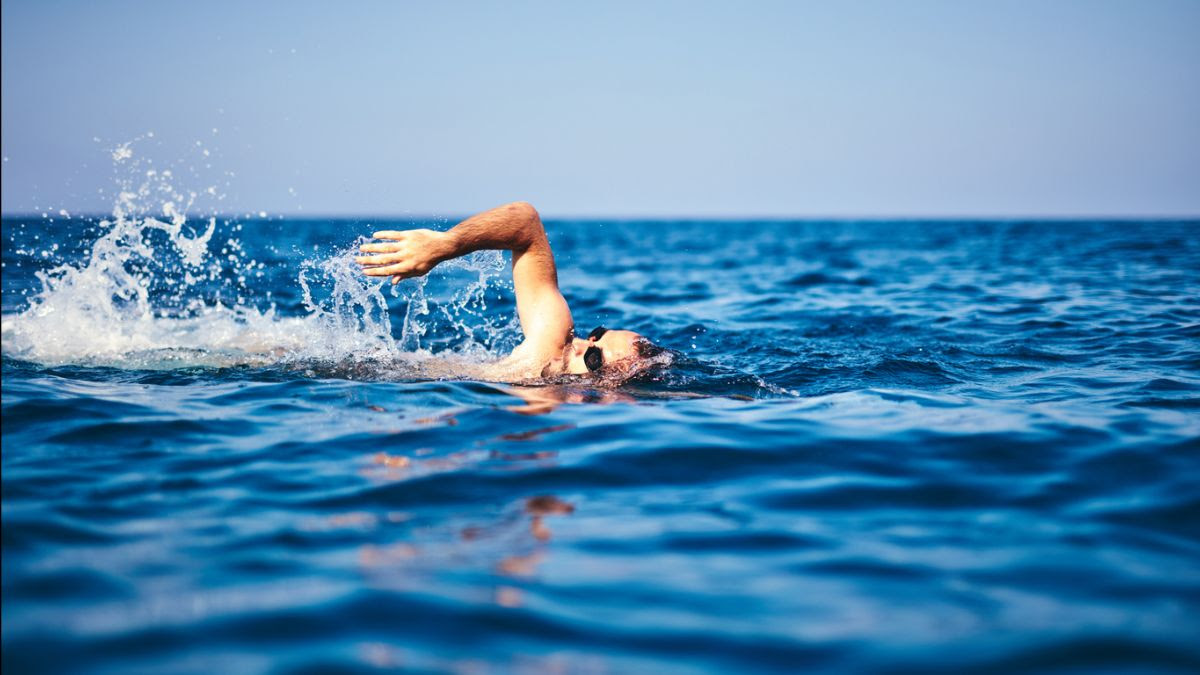 An image of a man swimming freestyle in the ocean  