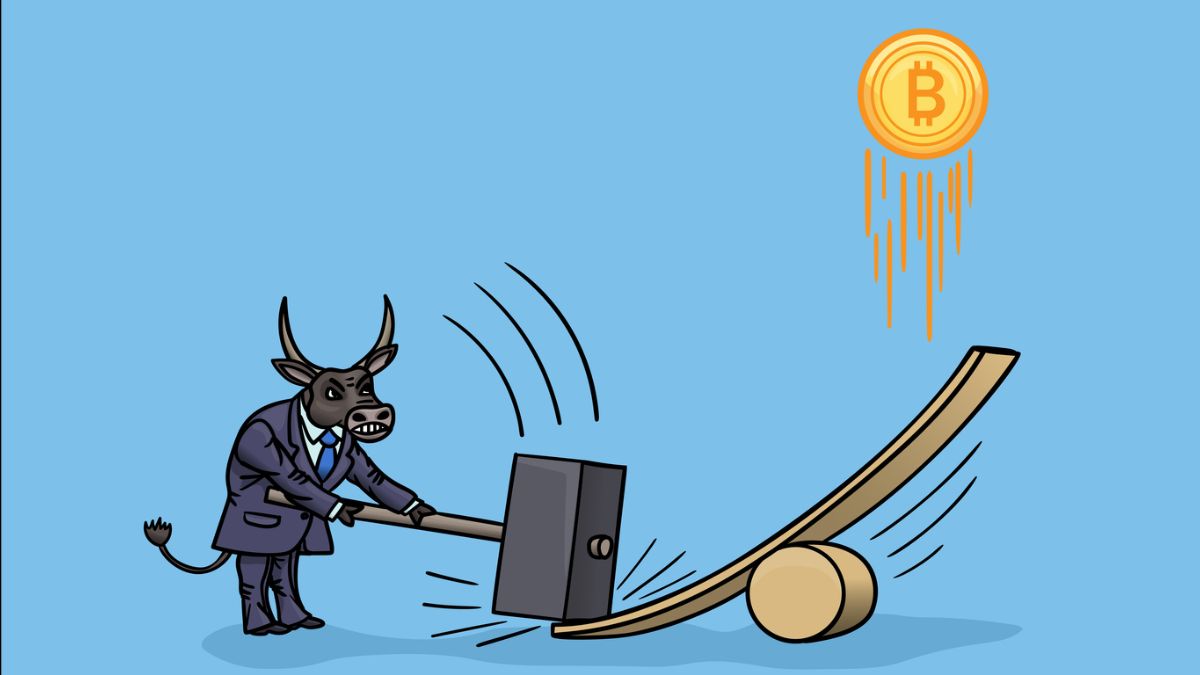 Illustration of a bullish cartoon figure with a bull’s head in a suit slamming a hammer onto a lever to launch a falling Bitcoin coin higher against a blue background.