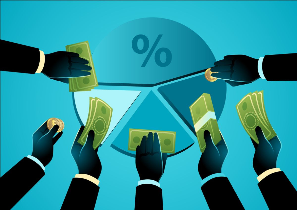 An illustration of multiple gloved hands holding cash and coins around a blue pie chart with a percentage symbol, representing investors dividing or allocating money.
